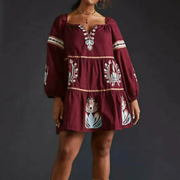 Anthropologie Let Me Be Embroidered Tunic Dress Raspberry
